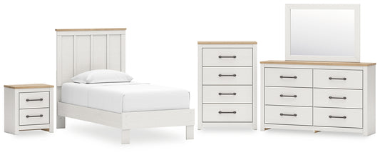 Linnocreek Twin Panel Bed with Mirrored Dresser, Chest and Nightstand