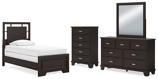 Covetown Twin Panel Bed with Mirrored Dresser and Chest