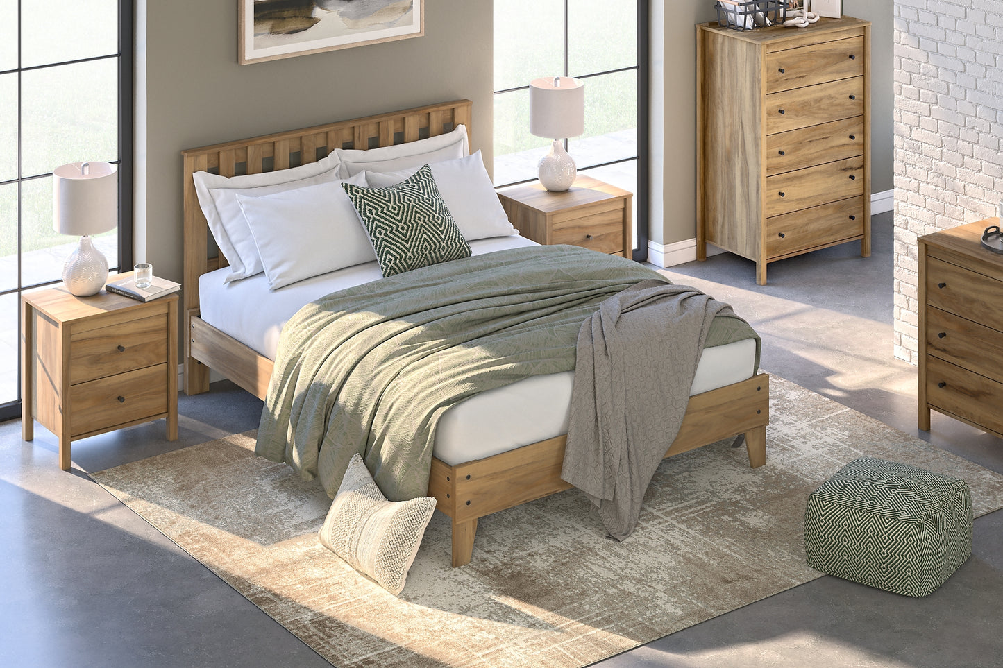 Bermacy Full Platform Bed with Dresser, Chest and 2 Nightstands